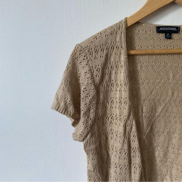 Cottagecore Vintage 90s Notation’s Tan Knit Short Sleeve Cardigan Sweater M - Picture 3 of 4